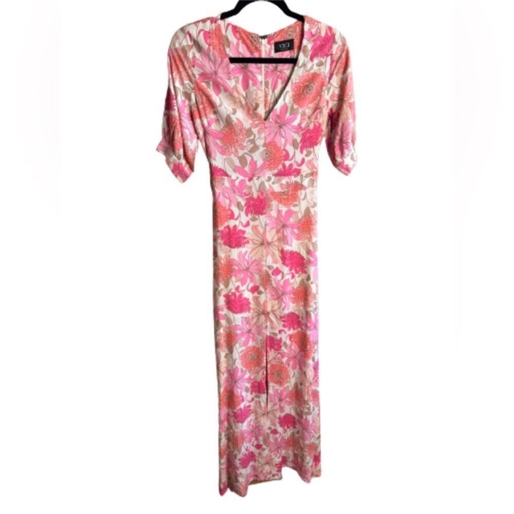 Pink floral print tie waist maxi dress